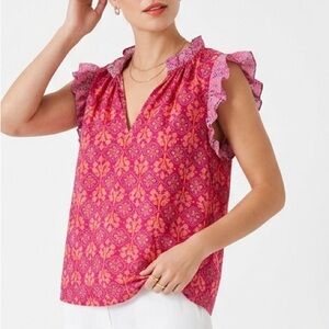 Sundance Delfina Floral Ruffle Blouse - Vibrant Pink & Orange (Size L)
